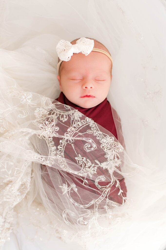 Wedding dress newborn photo by Cypress, TX newborn photographer Mel B Photo