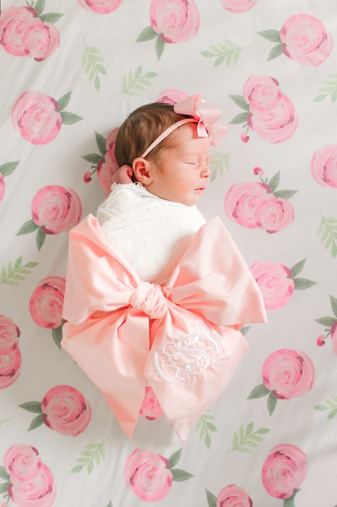 Monogrammed pink bow for Cypress, TX newborn session 