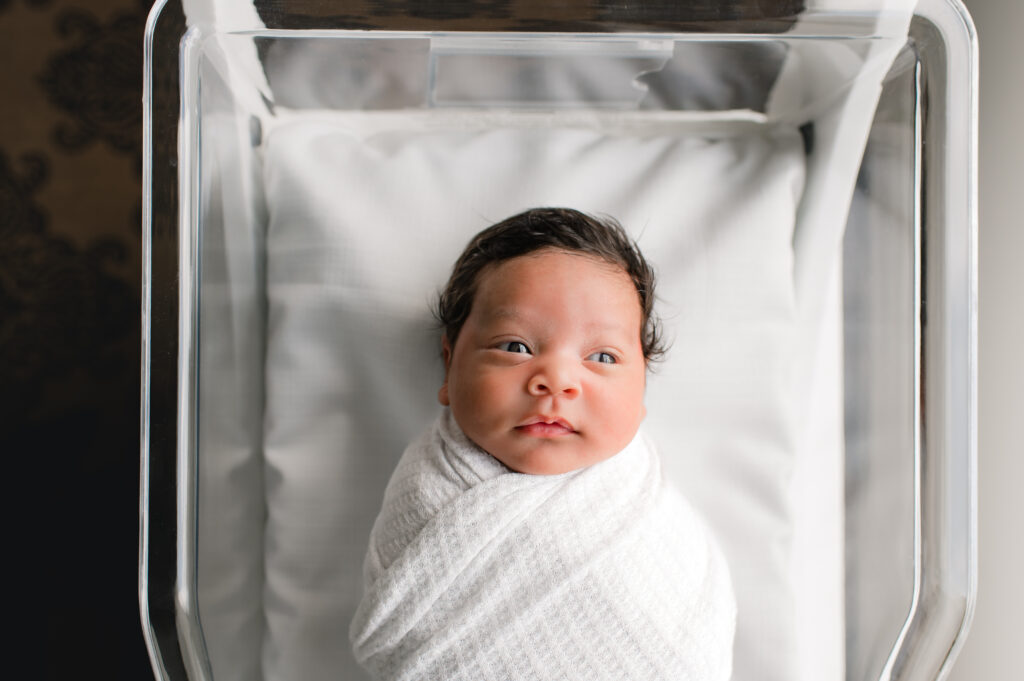 A Houston TX newborn is photographed by Mel B Photo from a bassinet in The Ruby Postnatal 