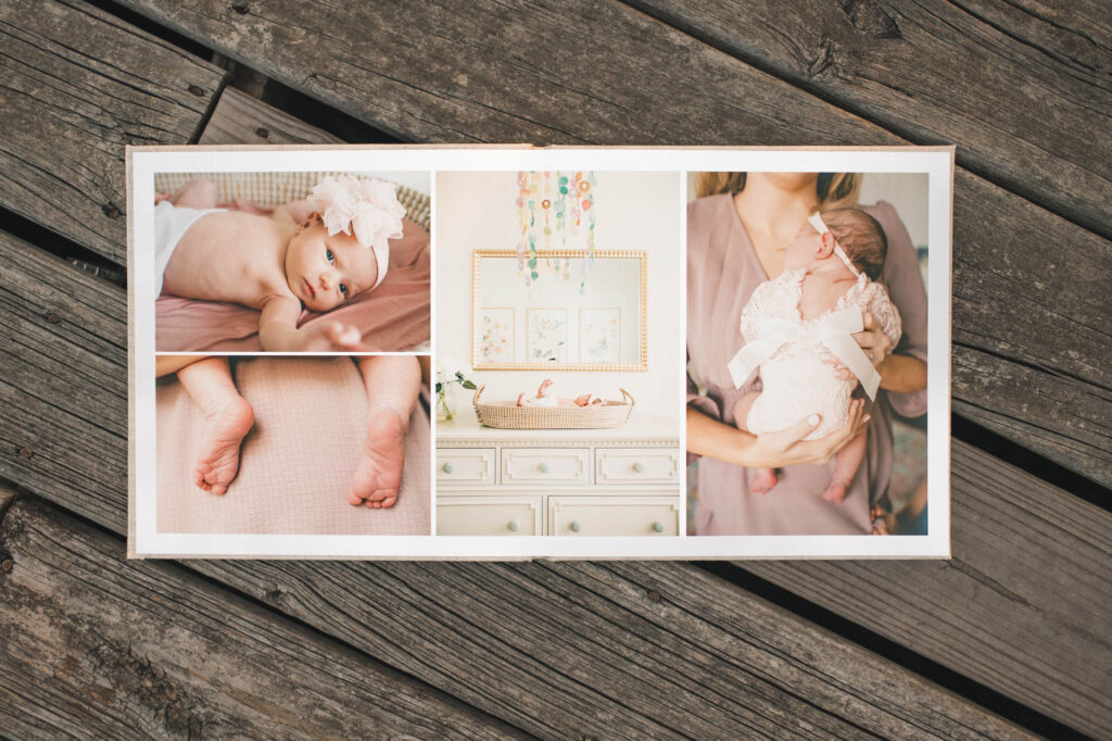 A newborn baby girl wearing a pink bow is shown in a photo collage by Houston Family photographer