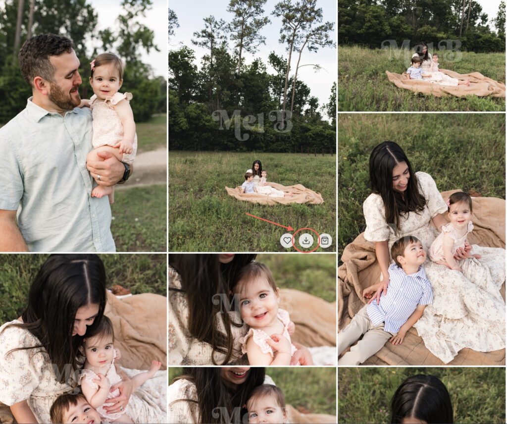A screenshot of a gallery of Houston family photos is displayed with instructions on how to download the images upon receipt