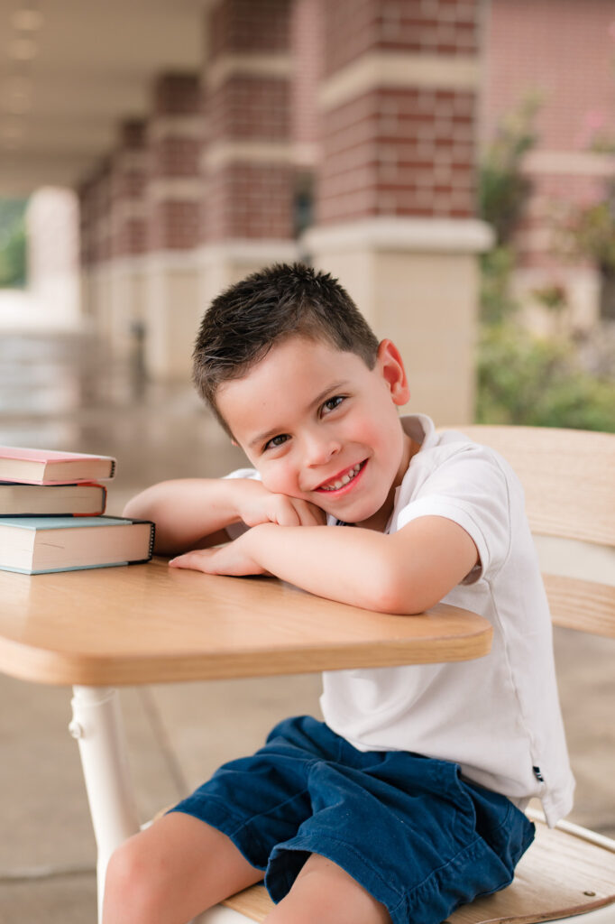 Child photographer Houston TX captured a kindergarten aged boy in back to school photos 