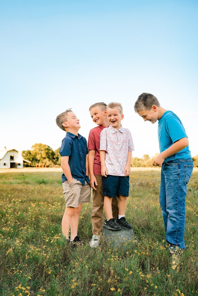 Four young brothers laugh during Houston family photos taken at a local farm 