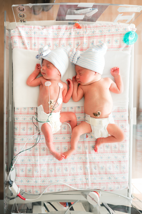 Newborn twins are photographed during a Houston NICU fresh 48 session